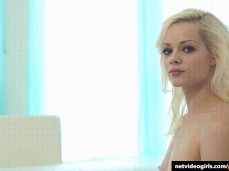 Elsa Jeanswallows her first load with a nervous smile gif