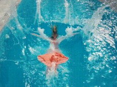 Ginger in Red Dress Falling in the Swimming Pool gif
