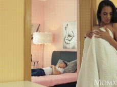 Katrina Moreno sexy wife in towel deciding whether to surprise 's friend gif