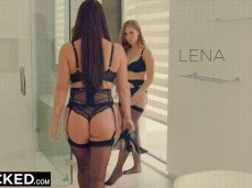 Angela White and Lena Paul in bathroom in lingerie getting ready gif