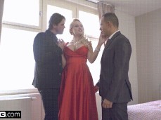 Angel Wicky in sexy red dress teasing two men gif