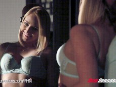 Kate England in front of mirror teased from behind by  stud gif