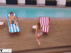 Daisy Stone in thong bikini walks to poolside gif