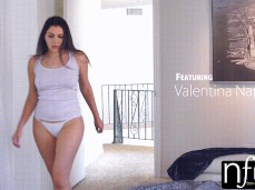 Valentina Nappi in panties and sexy shirt walks into bedroom gif