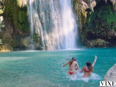 Two girls in thongs jumping into lake gif