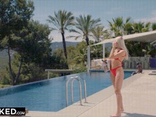 Angelika Grays hotwife in thong bikini checking out naked  guy at pool gif