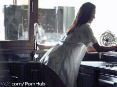 Vanessa Decker in sheer robe getting things ready in kitchen gif