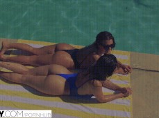 Keisha Grey and Leah Gotti tanning poolside in thong bikinis gif