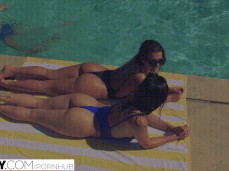 Leah Gotti and Keisha Grey gossiping in thong bikinis poolside gif