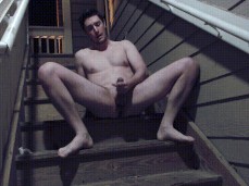 Naked exposed stud cums in public stairway gif
