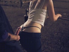 cumshot on her whale tail in a park at night gif