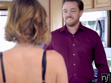 Krissy Lynn in lingerie surprises him in the kitchen gif
