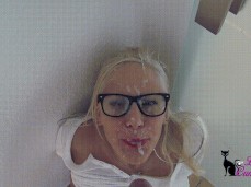 Hot Cumshot For Busty Blond with Glasses gif