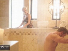 Skye Blue in lingerie finds him masturbating in shower gif