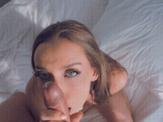 Kristina quickly jerking his foreskin back-and-forth cumming on her lips :) gif