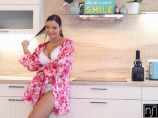 Sofia Lee in open robe in kitchen gif