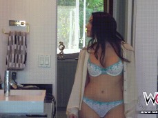 Valentina Nappi in bra panties and open blouse comes into bathroom 01 gif