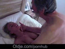 blonde begs old guy to cum on her belly gif