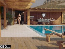Misha Cross in sexy bikini grabs drinks by the pool gif