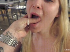 Lot of Spit on her Face and Cum Swallow gif
