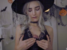 Blonde witch cute titjob tease clothed gif