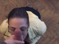 Teacher sucking dick after work and taking a huge facial on her glasses gif
