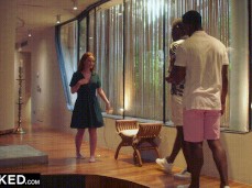 Ella Hughes undresses and leads two  studs towards bedroom 01a gif