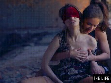 blindfolded girl masturbates while lesbian teases gif