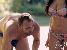 Anissa Kate in bikini teases him during bocce ball gif