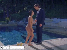 Lily Love helped out of pool after skinny dipping gif