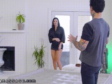 Jasmine Jae in tiny silk robe surprised by who wants a massage gif