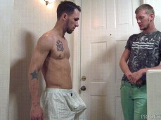 Intrigued by a buddy's bulging boxer shorts; eye contact 0211 gif