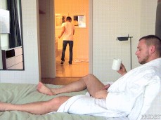 Hans Berlin, in bathrobe, strokes cock, watches sexy Josh Hunter 0025 gif