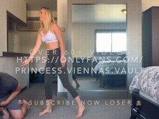 Blonde in yoga pants ballkneeing a guy stronger than intended gif