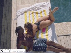 August Ames interracial making out in thong swimsuit gif