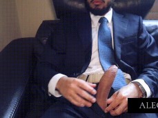 Man In Suit Pulls Out His Cock On Office Sofa gif