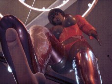 Woman in red latex with short hair gives a footjob to cock 3D gif