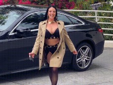 Angela White lingerie and trenchcoat outside gif