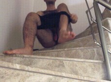 VeryHairyMan88 getting very naked in the stairwell; dick reveal 0218-1 gif