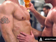 Personal trainer oils up , rock hard client 0215 5 gif