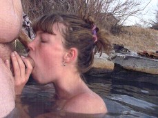Sucking fat guy's dick at the hot springs gif