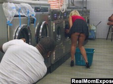 Katie Morgan not wearing panties under her skirt at laundromat gif