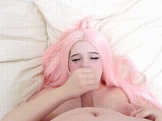 Super cute pink haired Bubblegum strokes huge load onto her face gif