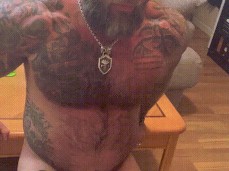 Bald, bearded, uncut, beefy muscle hunk MadculineJason nude workout 0240 gif