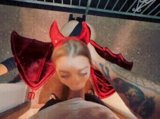 Mary Popiense devil costume sucking on her knees gif