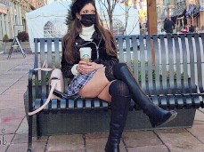 Masked LilyMaeExhib shows off pussy upskirt on public bench gif