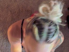 Tatted blonde amateur on a leash gives incredible sloppy two hand twist BJ gif