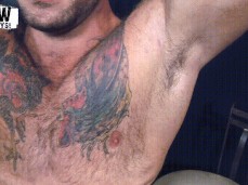 Hot-chested, blue-eyed, tatted Sean Duran shows his arm pits 0139 gif