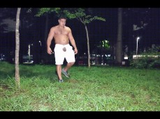 bare-chested, beefy stud walking with his big dick out of his shorts 0249-1 gif