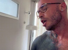 mustached bottom cumsucks hot, inked muscle hunk's big fat cock 1308-1 gif